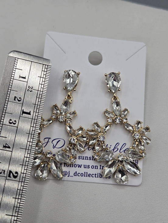 Swarovski Crystal Elements Gold Drop Hoop Earrings 2 inch Floral Wedding Prom - Picture 5 of 6